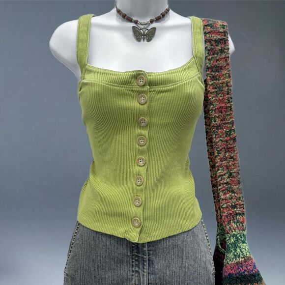Free People Ribbed Bridgette Button Tank Top Tarragon Green Size M - Picture 1 of 8